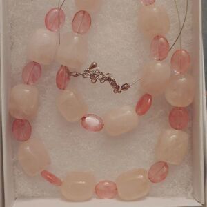 Handmade Necklace & Bracelet SET Pink Quartz Chunky bead w/ flat oval spacers
